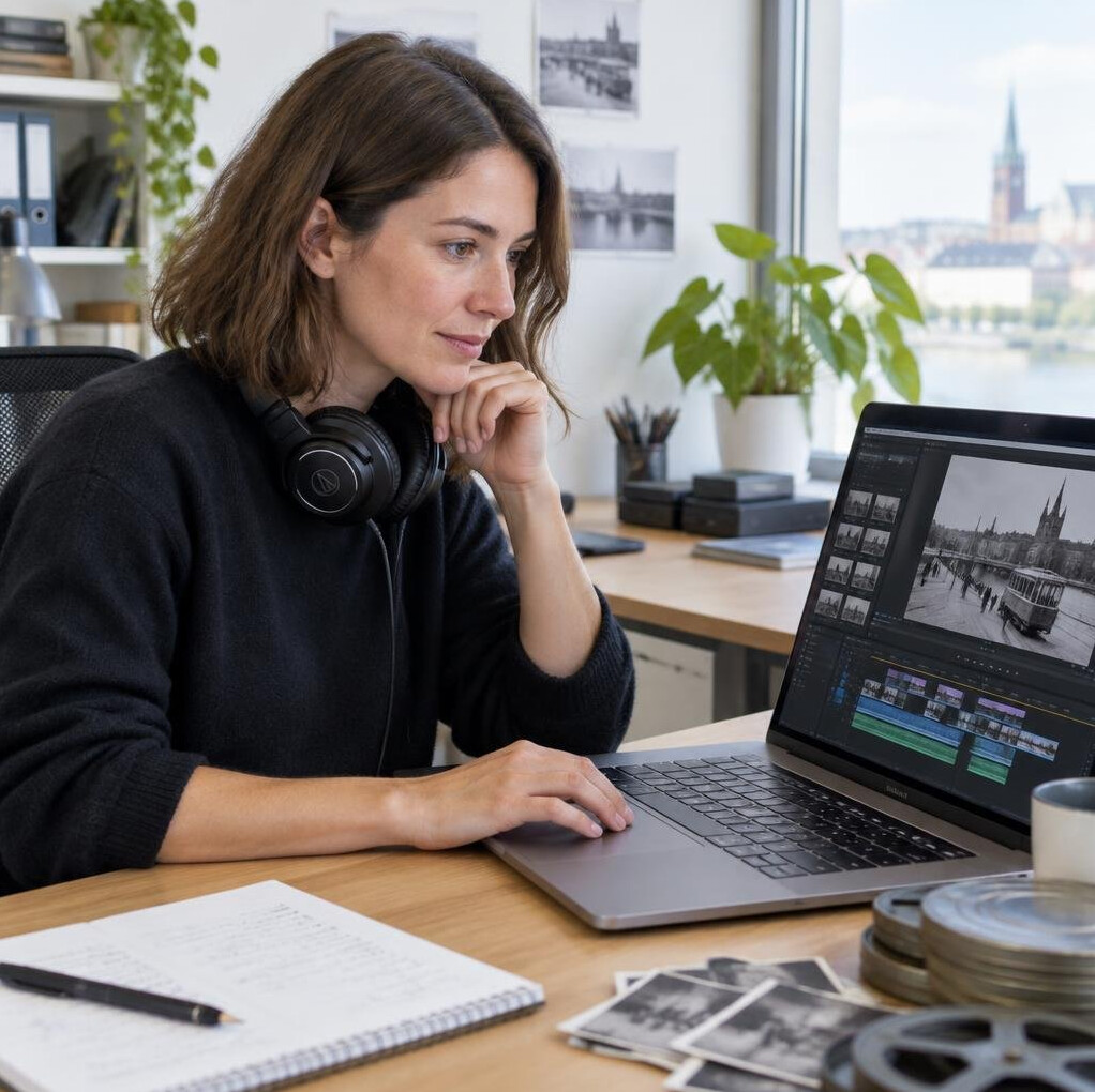 Woman editor reviewing archive footage on a laptop